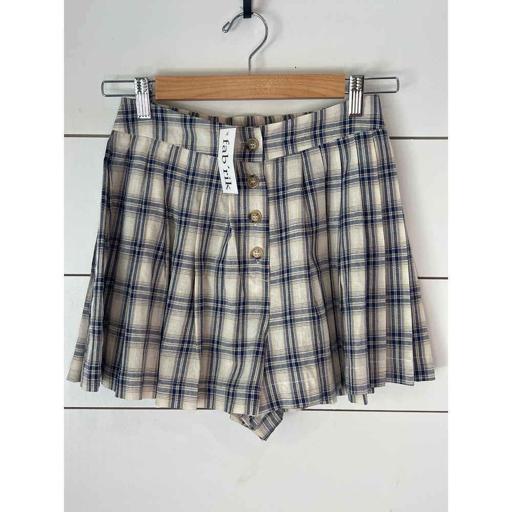 NWT Fab'rik Blue Cream Plaid Pleated Cottagecore academia Cotton Skort Small